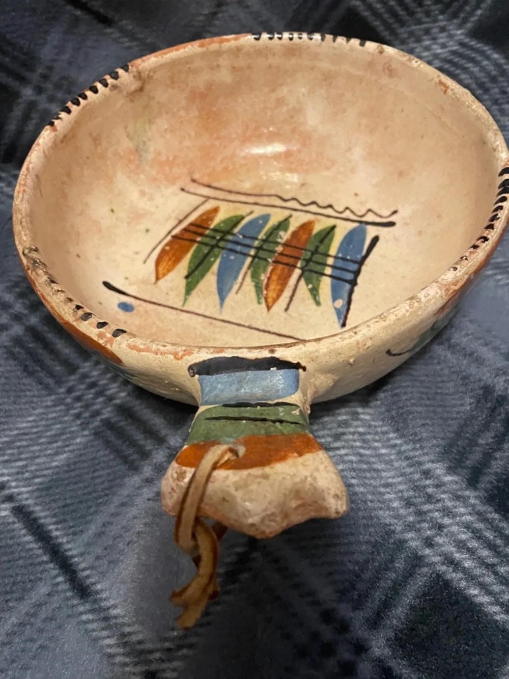 Hand-Painted Ceramic Accent Bowl in Cream, Blue, Green and Orange - Picture 6 of 8